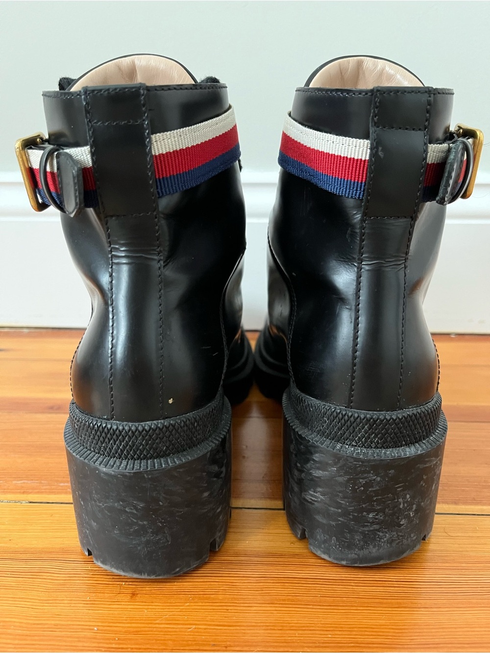 Gucci Black Leather Ankle Boots with Red, White & Blue Strap - Picture 4 of 5